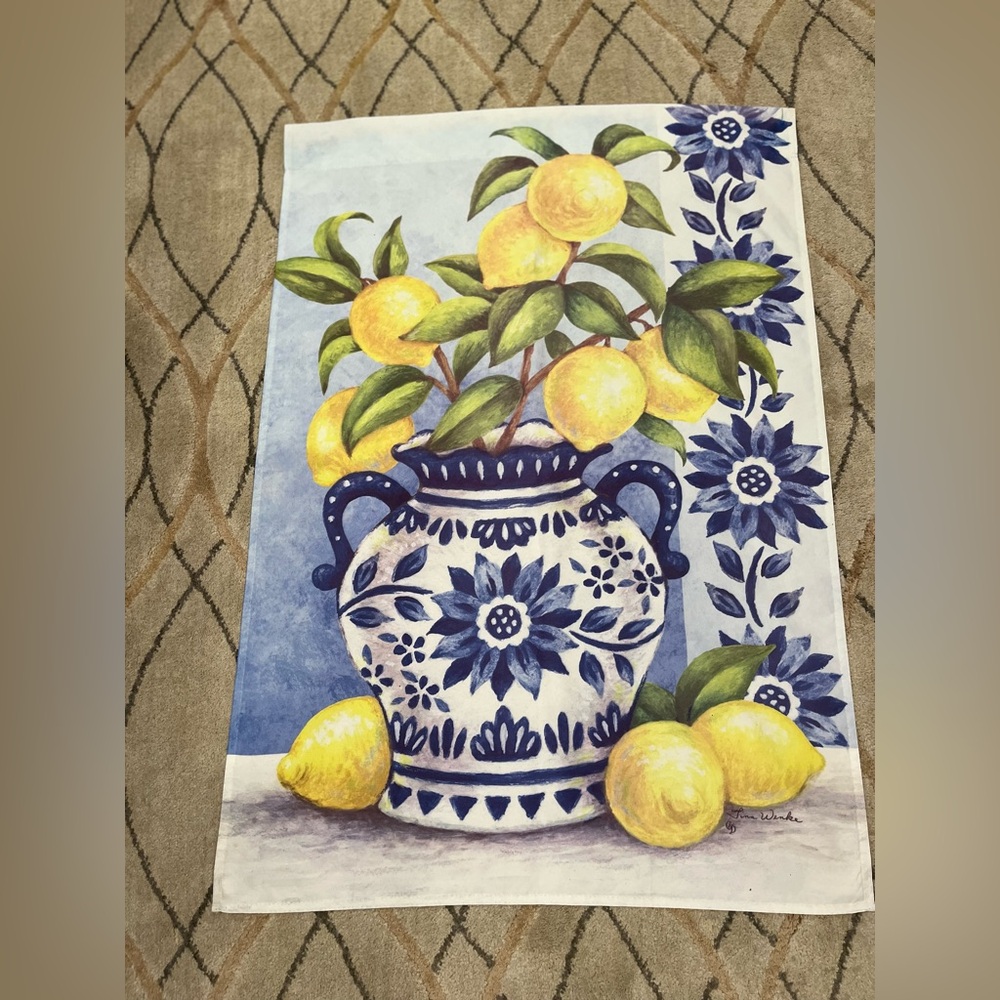 Lemon and Floral Pot Print Outdoor Flag with matching Mini-Flag